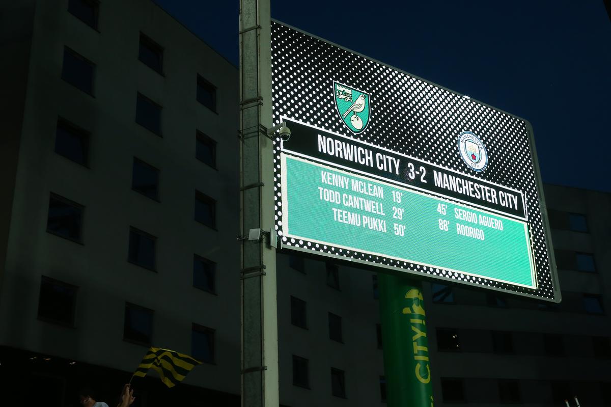 The giant screen reflects the 3-2 Norwich win after the Premier League match between Norwich City and Manchester City at Carrow Road on September 14, 2019 in Norwich, United Kingdom.