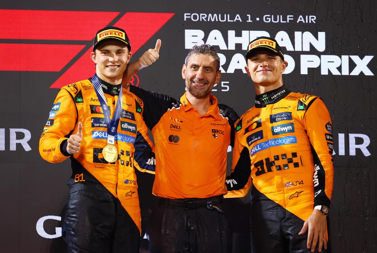 Race winner Piastri (left) along with Andrea Stella (centre), Team Principal of McLaren, and third-placed Norris right) in Bahrain.