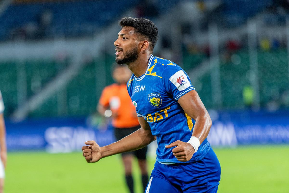 Rahim Ali celebrates scoring a goal for Chennaiyin FC in the Indian Super League 2023-24 at the Jawaharlal Nehru Stadium in Chennai.