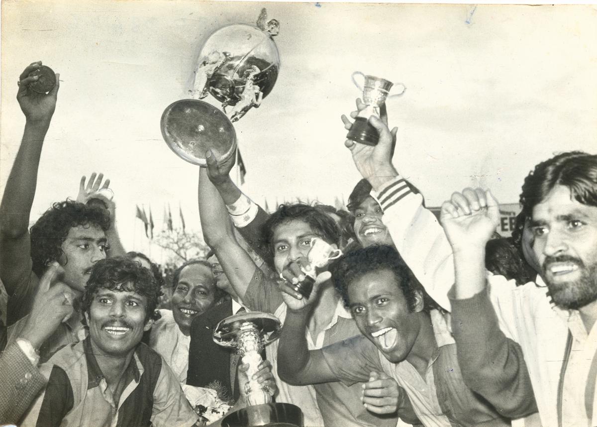 East Bengal players with the Durand football Trophy after beating Mohun Bagan  3-0 at New Delhi on January 17, 1979.