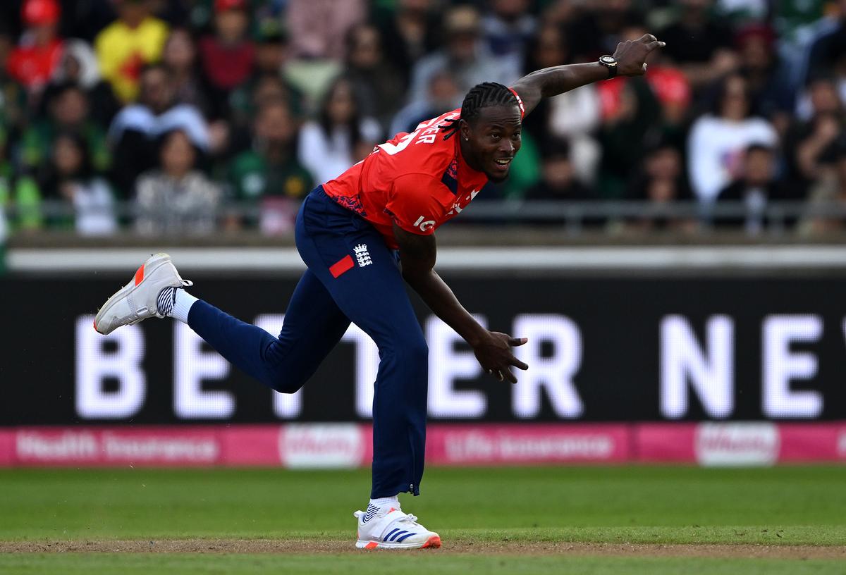 Jofra Archer of England bowls during the 2nd Vitality IT20 match between England and Pakistan at Edgbaston.