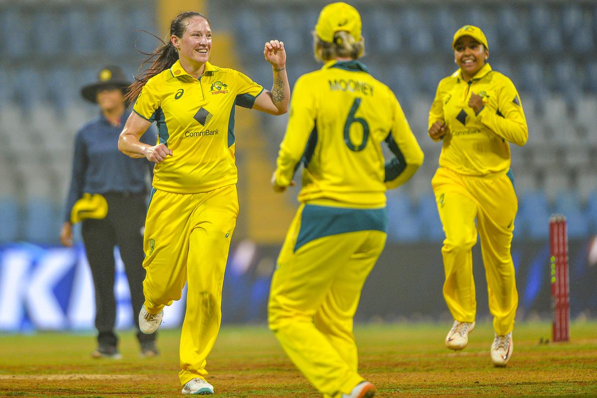 Megan Schutt celebrates after taking the wicket of Smriti Mandhana of India during the 3rd ODI match between India (Women) and Australia (Women). 