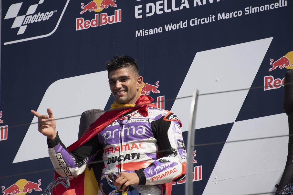 Jorge Martin of Spain and Pramac Racing  celebrates the victory on the podium during the MotoGP race during the MotoGP Of San Marino - Race at Misano World Circuit on September 10, 2023.