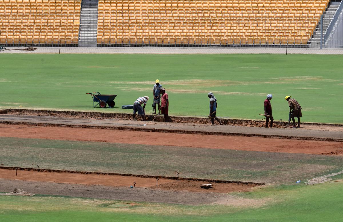 Work in progress on the cricket pitch at M. A. Chidambaram Stadium, Chennai.
