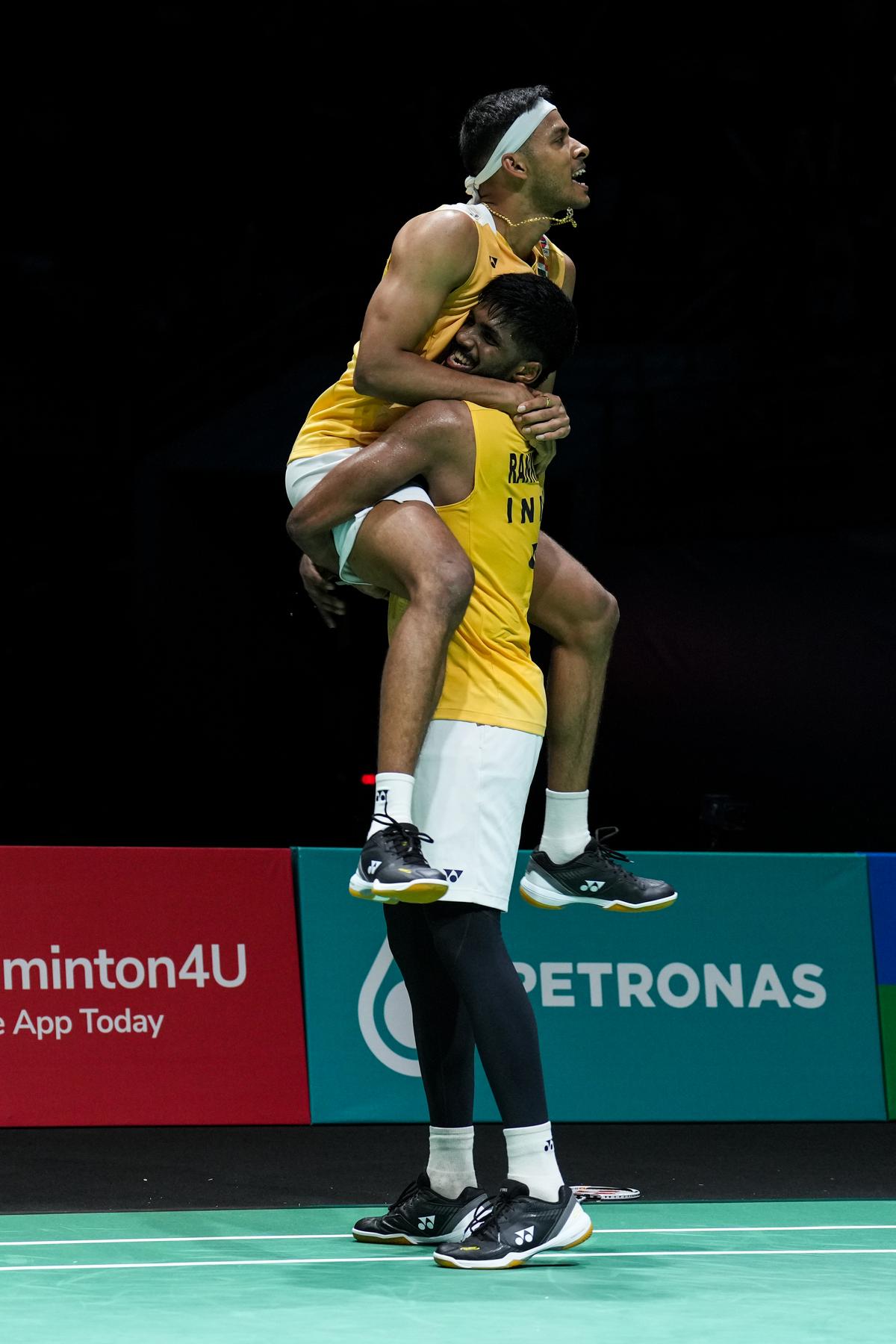 Satwiksairaj Rankireddy (R) and Chirag Shetty of India celebrate the victory in the Men’s Doubles Semi Finals match against Kang Min Hyuk and Seo Seung Jae of Korea during day five of the Malaysia Open at Axiata Arena on January 13, 2024 in Kuala Lumpur, Malaysia.