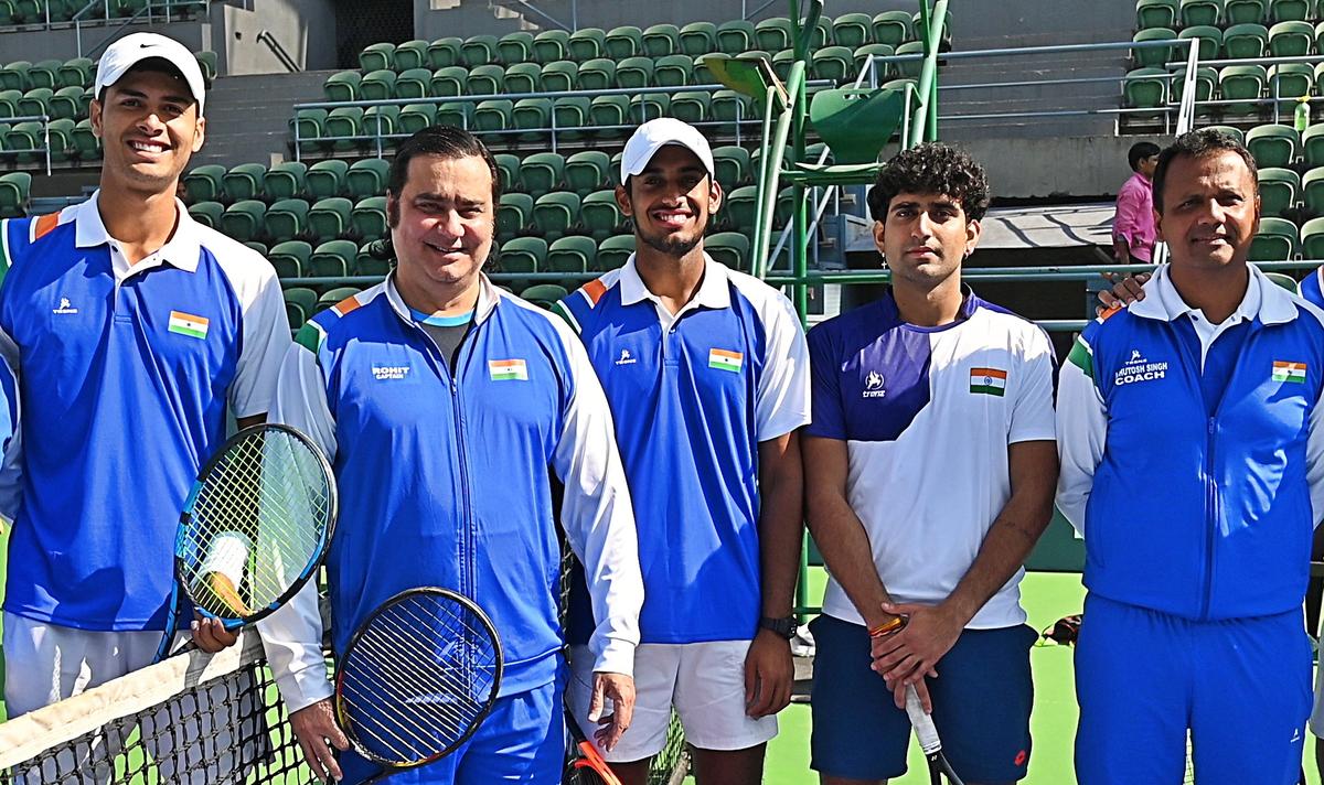 Chirag Duhan, captain Rohit Rajpal, Karan Singh, Yuvan Nandal and coach Ashutosh Singh during a training session for Davis Cup in Delhi.