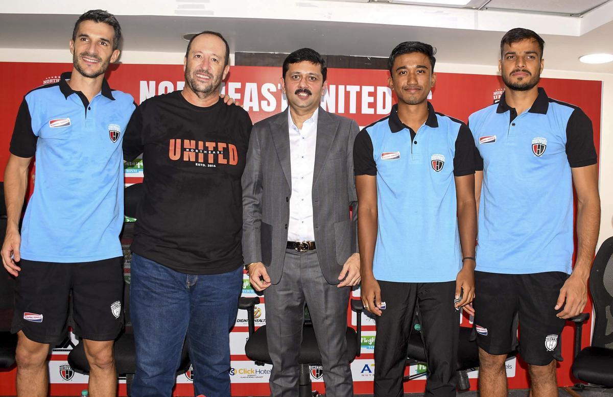 Guwahati: NorthEast United FC (NEUFC) head coach Juan Pedro Benali (2L) with NEUFC CEO Mandar Tamhane (C), team captain Michel Zabaco (L), goalkeeper Gurmeet Singh (R) and striker Parthib Gogoi during a press conference ahead of the 11th season of the Indian Super League (ISL).