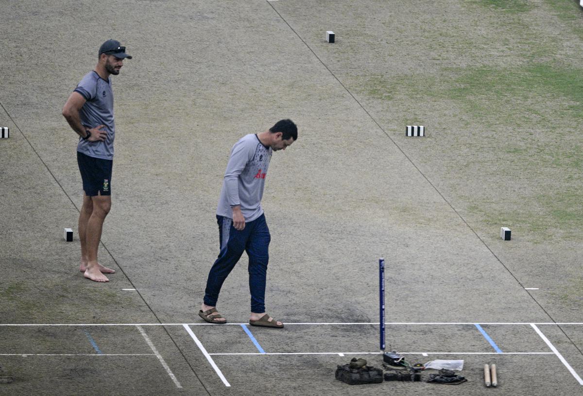 Quinton de Kock and Aiden Markram inspect the pitch during practice session ahead of the ICC Men’s Cricket World Cup 2023 match between India and South Africa, at Eden Gardens.