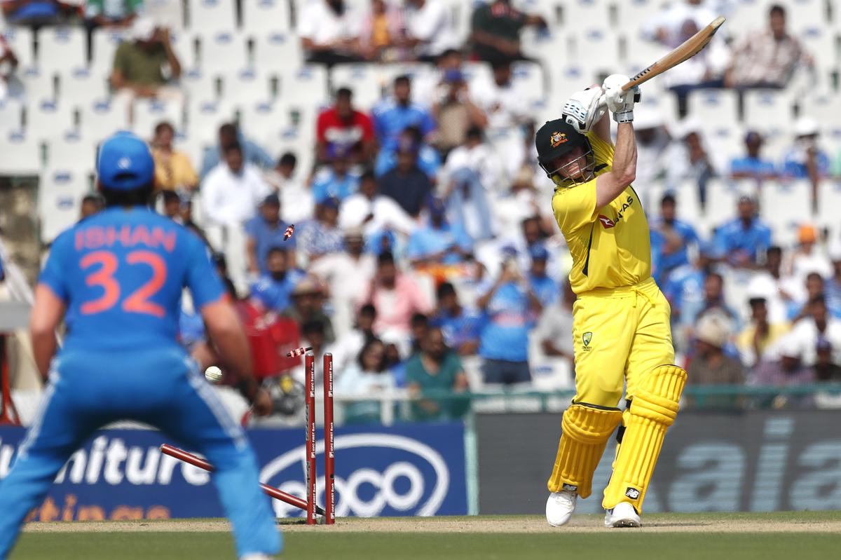 Steven Smith of Australia is bowled out by Mohammed Shami of India  during game one of the One Day International series between India and Australia. 