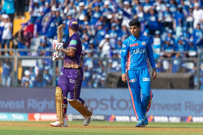 Hrithik Shokeen of Mumbai Indians celebrates the wicket of Nitish Rana of Kolkata Knight Riders during match 22 of the Tata Indian Premier League between the Mumbai Indians and the Kolkata Knight Riders held at the Wankhede Stadium, Mumbai on the 16th April 2023