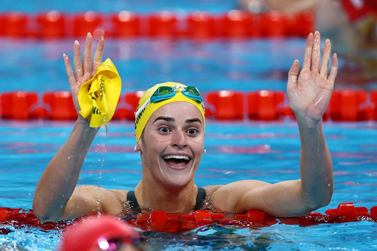 Kaylee McKeown of Australia reacts after the Women’s 200m Backstroke Final race at the Paris 2024 Olympics.