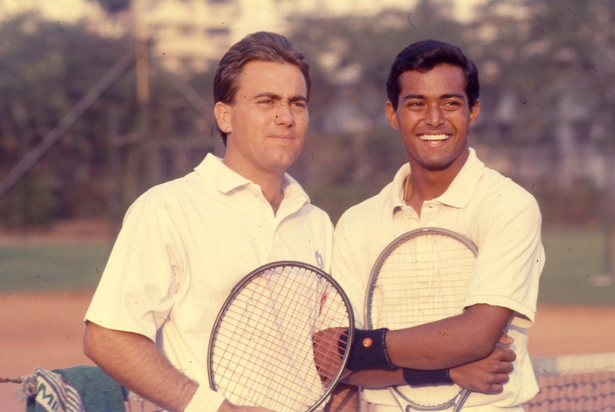 Leander Paes (right) and Enrico Piperno, in a happy mood during the Four Square Masters tennis tournament in New Delhi on October 20, 1990.