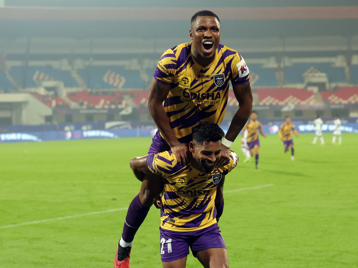 FILE PHOTO: Odisha FC players Roy Krishna (bottom) and Diego Mauricio (top).