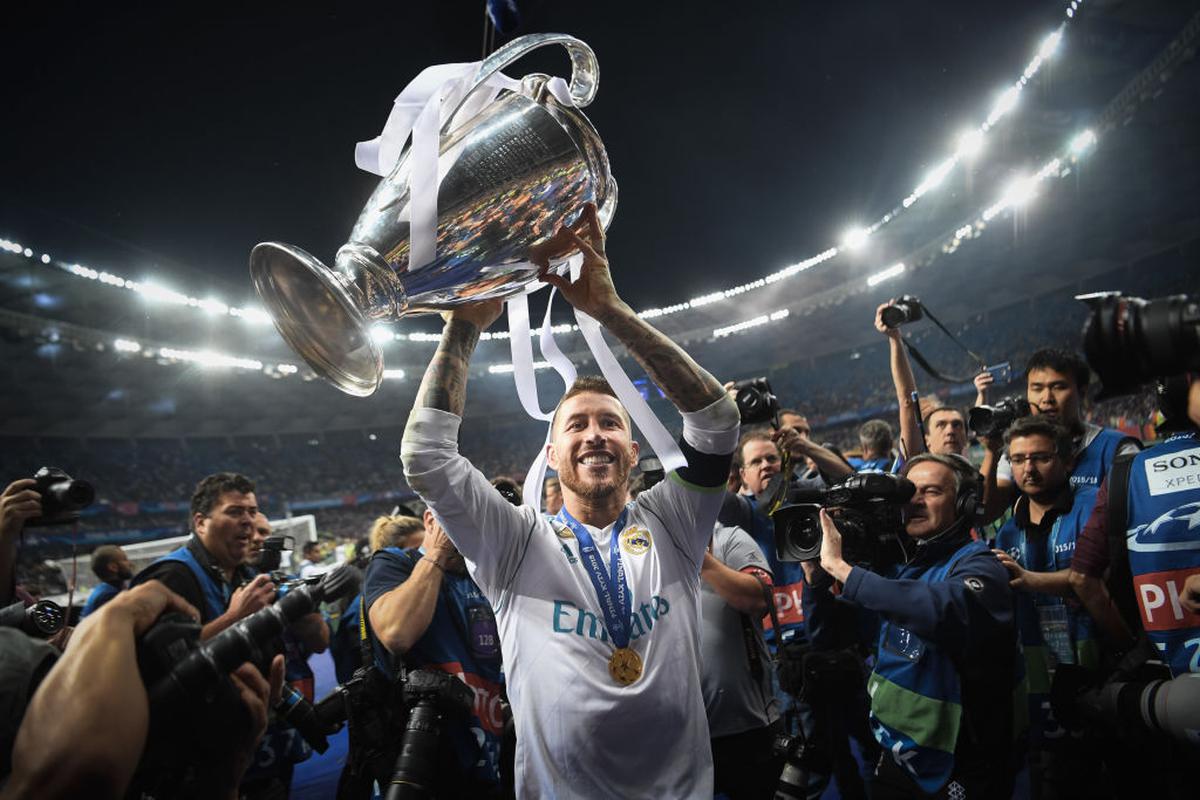 Sergio Ramos, the captain of Real Madrid celebrates with the UEFA Champions League Trophy after beating Liverpool in the final in 2018.