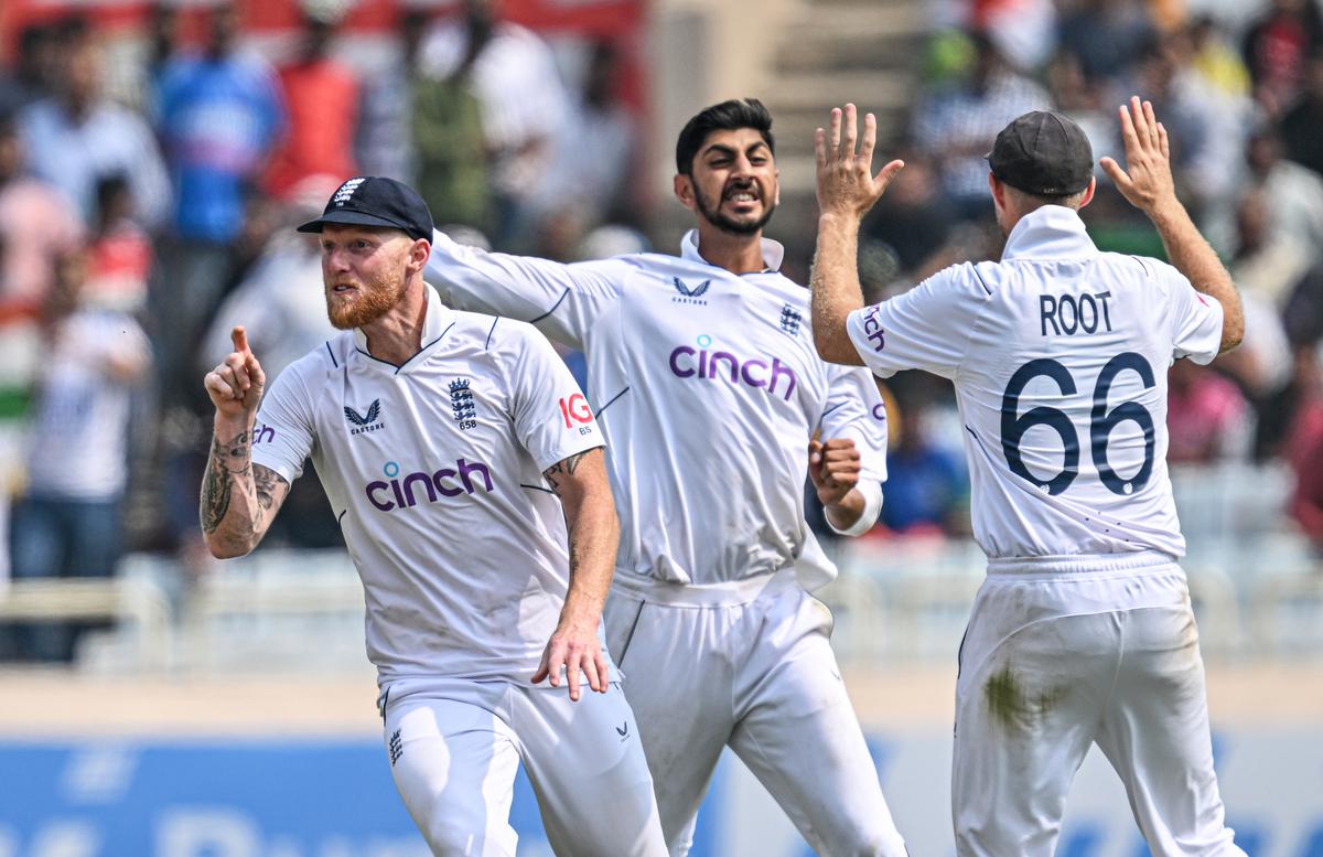 England’s Ben Stokes and Shoaib Bashir celebrate after the wicket of India’s Rajat Patidar. 