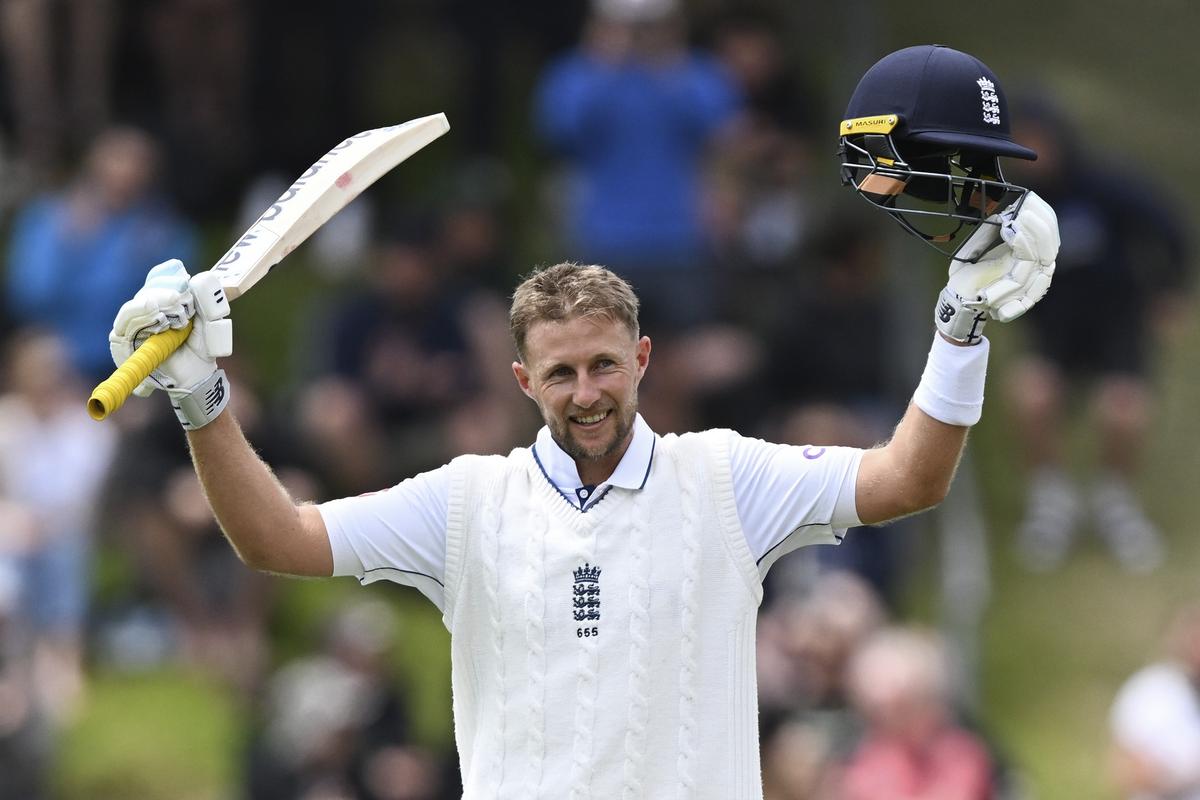 England’s Joe Root reacts after scoring a century during play on day three of the second Test against New Zealand at the Basin Reserve in Wellington.