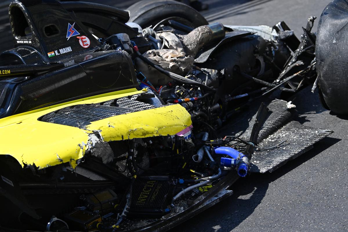 Maini’s car after the crash during the Round 12 Baku Feature race of the Formula 2 Championship at Baku City Circuit on September 15, 2024 in Baku, Azerbaijan.