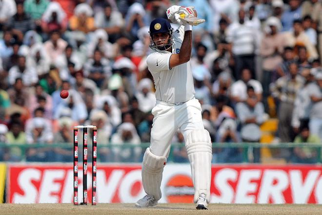 VVS Laxman in action during day five of the first Test of 2010 between India and Australia in Mohali.