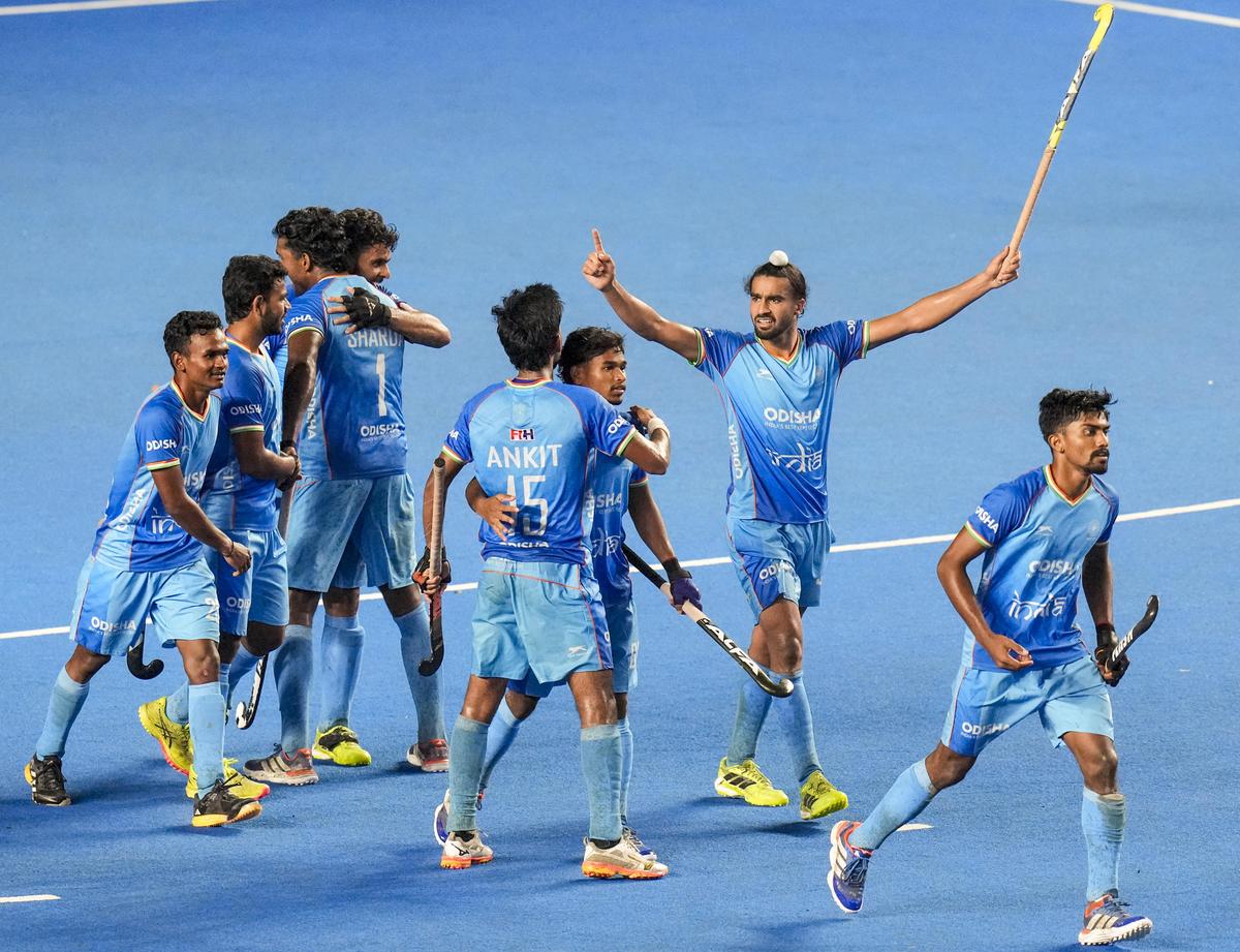 India's Sharda Nand Tiwari (1), Ankit Pal (15) with teammates celebrate after scoring a goal in Junior World Cup 2025.