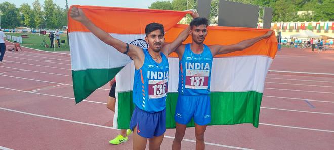 Priyanshu (chest No. 136) and Rahul (137) who won gold and silver in boys 1500m at the Asian Youth Athletics Championships in Tashkent on Thursday.