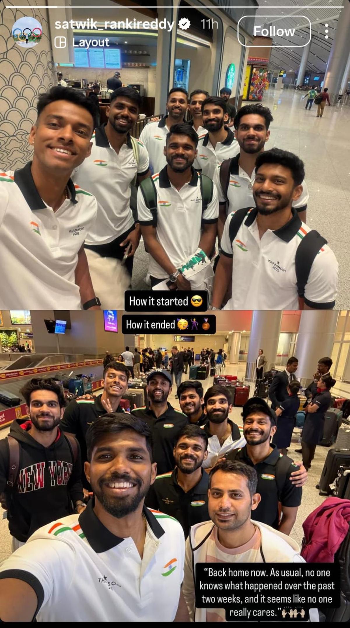 Satwiksairaj Rankireddy expressando seu descontentamento pela falta de recepção após a conquista da medalha de bronze da Índia.