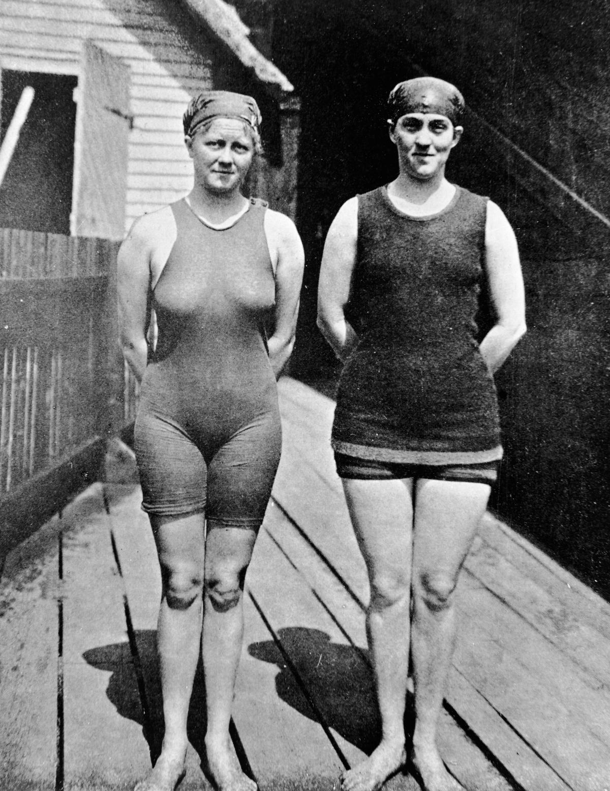 Australian swimmer Mina Wylie (left) and Fanny Durack competed in the 100m freestyle swimming event, the first time in Olympic history that it was open to female athletes.