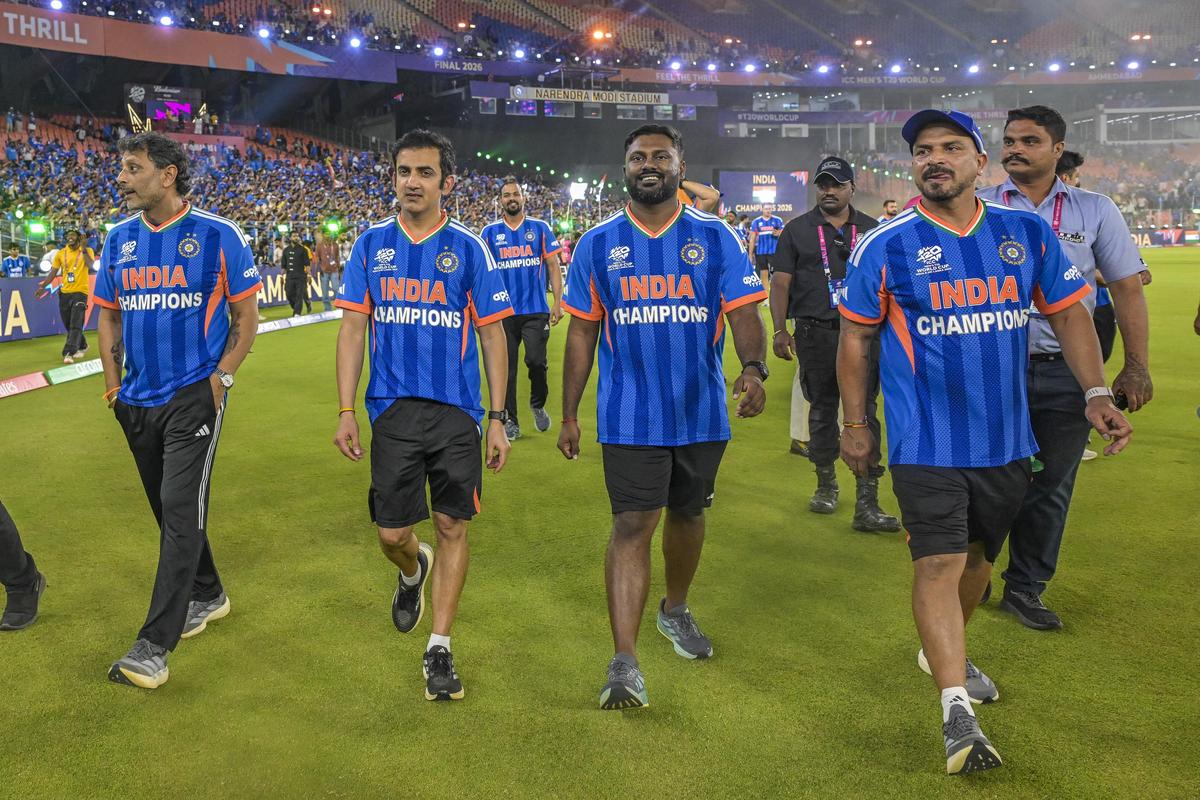 Taking in the moment: Kotak (L), India’s head coach Gautam Gambhir (2nd from L) and other members of India’s support staff after the T20 World Cup win.