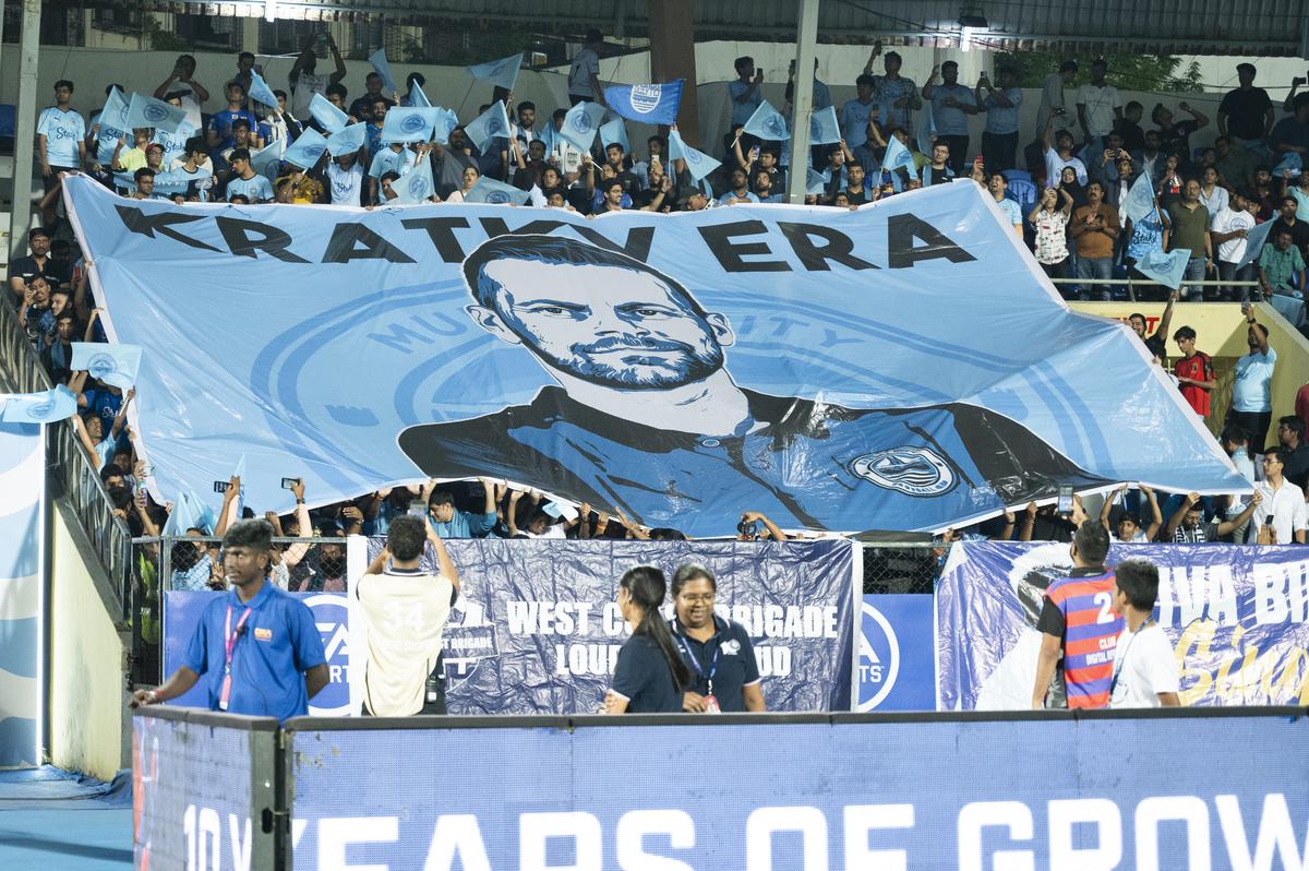 Mumbai City FC fans unfurl a tifo which reads ‘Kratky Era’, an ode to the side’s new manager Petr Kratky. 