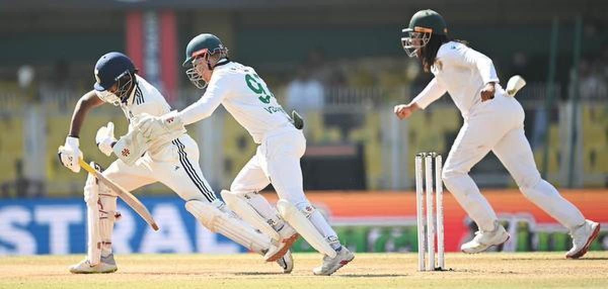 South African players celebrate after Sai Sudharsan’s wicket taken by Senuran Muthusamy during the 5th day of second Test at Barsapara Stadium stadium in Guwahati.