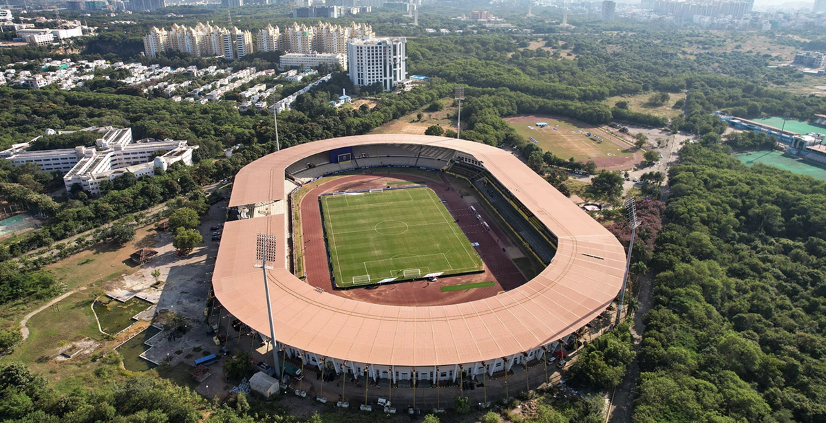 An aerial view of the GMC Balayogi Stadium, which will host all matches of the Intercontinental Cup 2024.