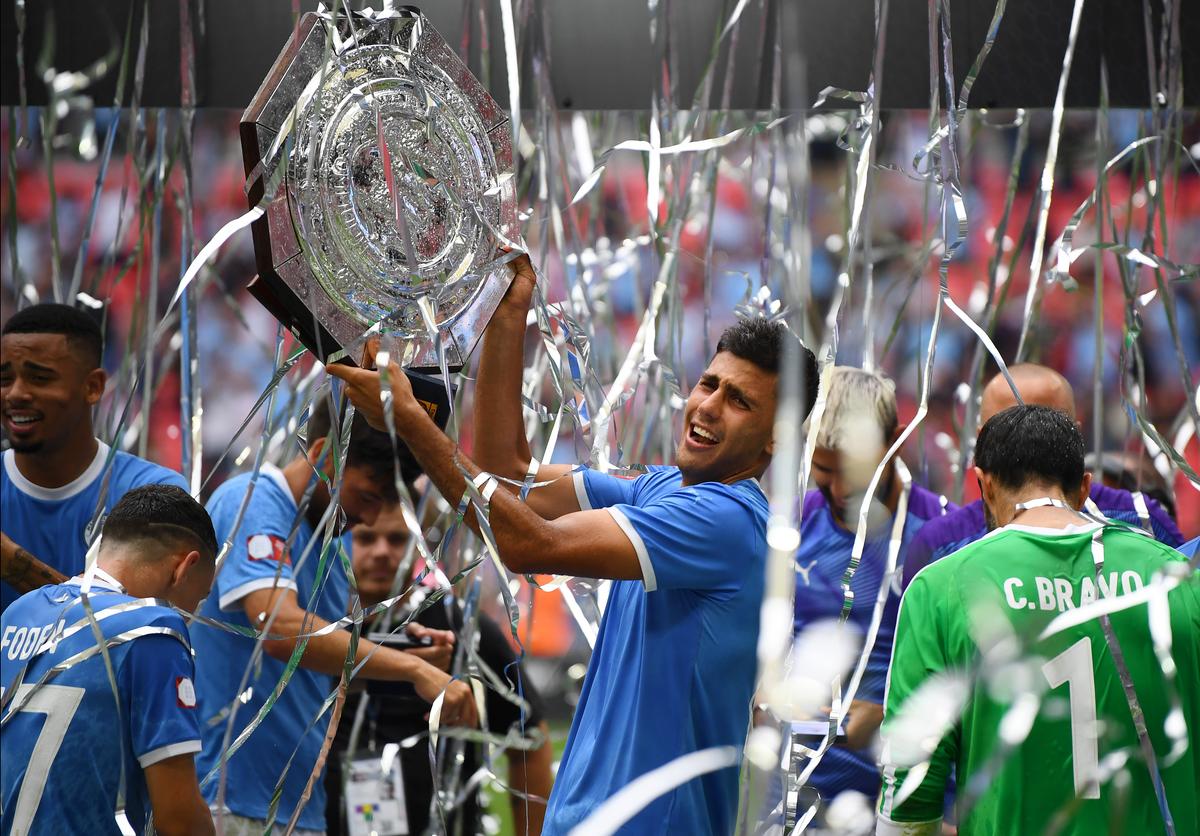 Rodri of Manchester City celebrates with the FA Community Shield following his team’s victory in the FA Community Shield match between Liverpool and Manchester City at Wembley Stadium on August 04, 2019 in London, England.