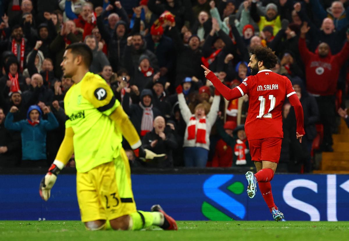 Liverpool’s Mohamed Salah celebrates scoring its fourth goal against West Ham United in the Carabao Cup quarterfinal.