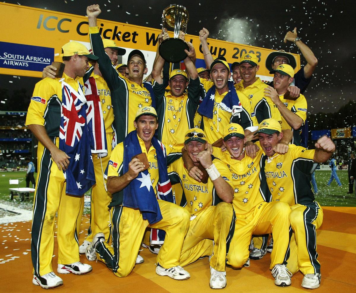 Ricky Ponting captain of Australia celebrates with the trophy and his team mates after the 2003 World Cup Final. 