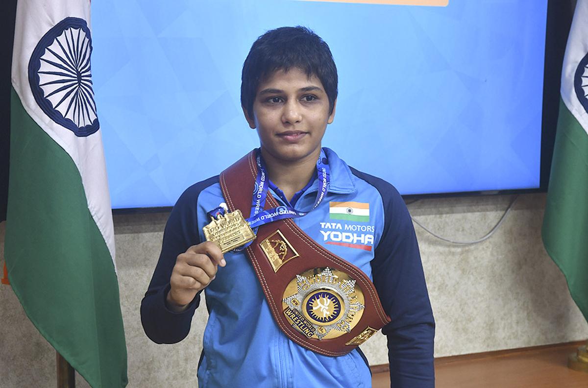 NEW DELHI, 20/08/2023:  Women wrestler  Antim Panghal, (Gold) winner of Under20 Wrestling World Championship seen during a press conference,  in New Delhi on Sunday. Photo: Sushil Kumar Verma / The Hindu