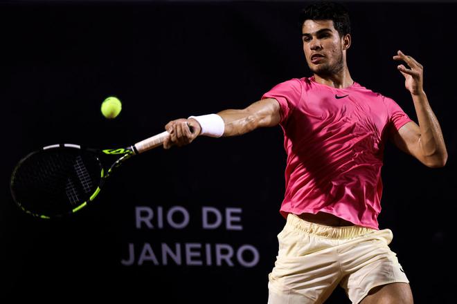 Young gun: The pace of the points Carlos Alcaraz plays is so fast that he occasionally drop shots at the wrong times or blasts groundstrokes from untenable positions. 