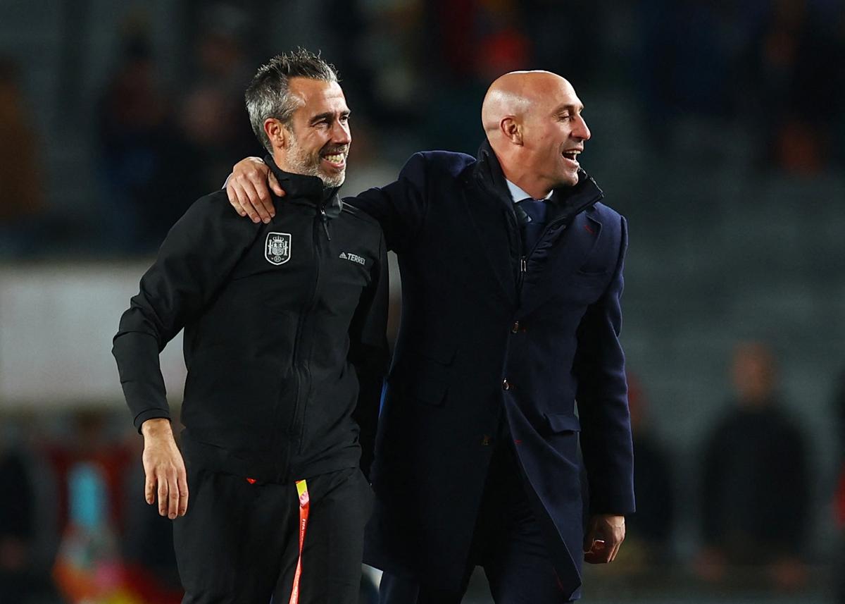 President of the Royal Spanish Football Federation Luis Rubiales celebrates with Spain coach Jorge Vilda after the match as Spain progress to the final of the World.