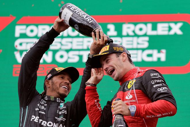 Ferrari’s Charles Leclerc celebrates on the podium after winning the Austrian Grand Prix.    