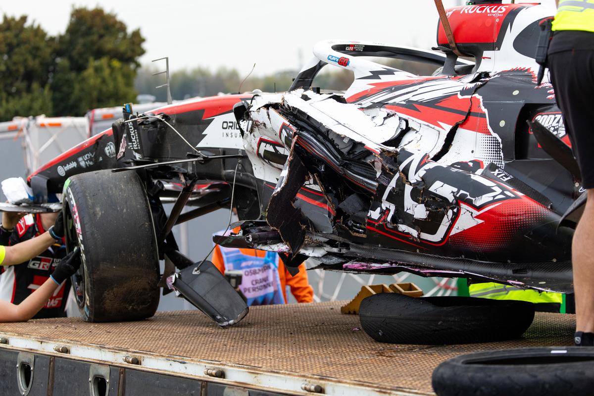 Oliver Bearman’s mangled car after the crash. 