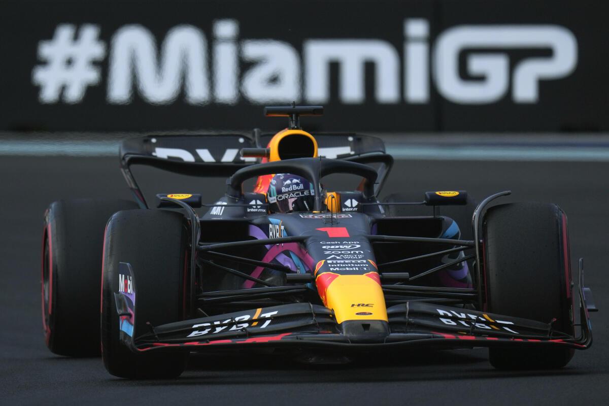 Dutch Formula One driver Max Verstappen of Red Bull Racing holds the trophy  after placing first at the Formula One Miami Grand Prix at the Miami  International Autodrome on Sunday, May 7