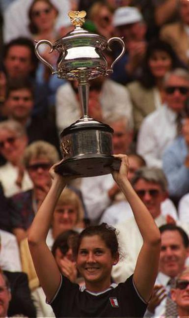 Monica Seles serves as she competes in the U.S. Open Tennis tournament in  New York, September 2, 1995. Seles is a Yugoslav-born, ethnic Hungarian,  American former world number one professional tennis player